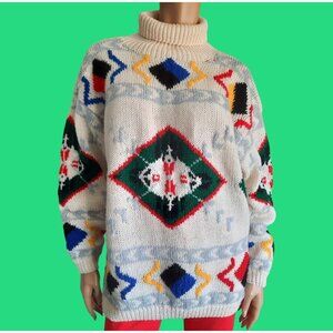 Vintage 80s Wool Sweater Colorful Aztec Print Oversized Long Tunic Length Size L